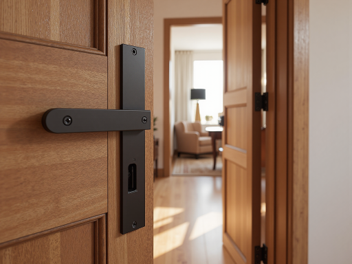 豪华防盗门，深色木纹纹理，多重锁具，入户门场景